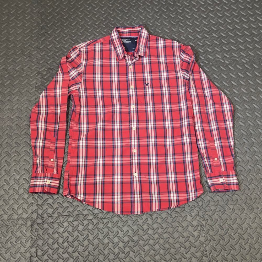 American Eagle Men’s Vintage Fit Red And Blue Plaid Long Sleeve Size Medium